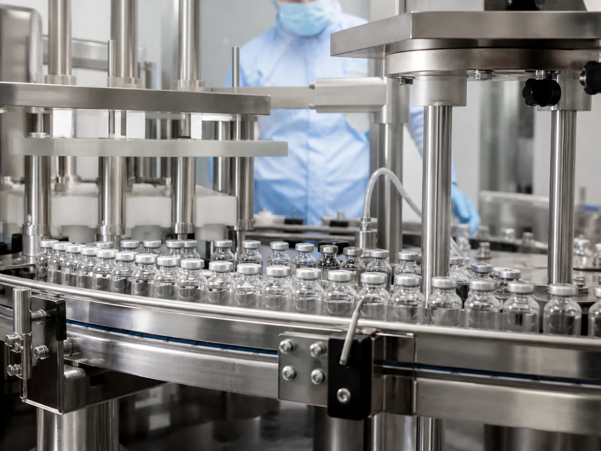 Small sealed glass vials moving along a stainless pharmaceutical filling line in a clean room