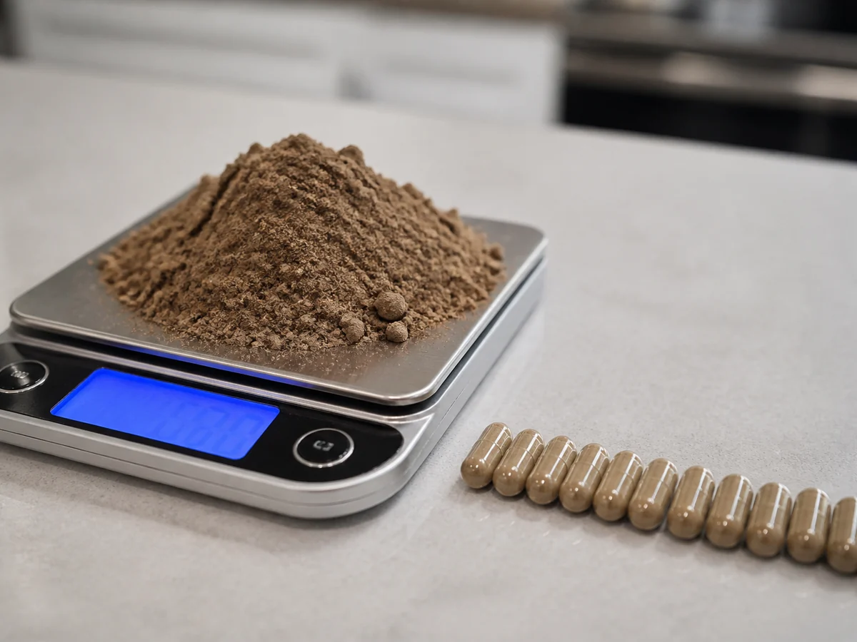 Digital kitchen scale holding a heap of mushroom powder with a row of capsules laid out beside it