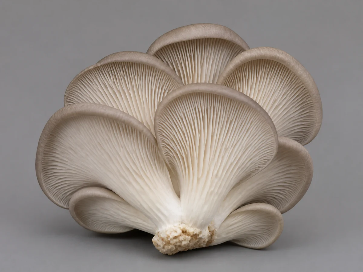 Whole cluster of fresh gray oyster mushrooms with the gills turned toward the camera