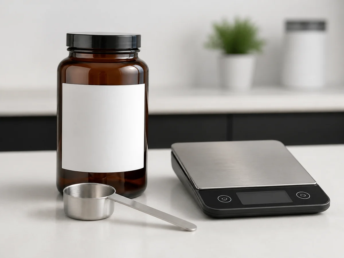 Unbranded amber supplement jar with a blank label beside a measuring scoop and a small digital scale