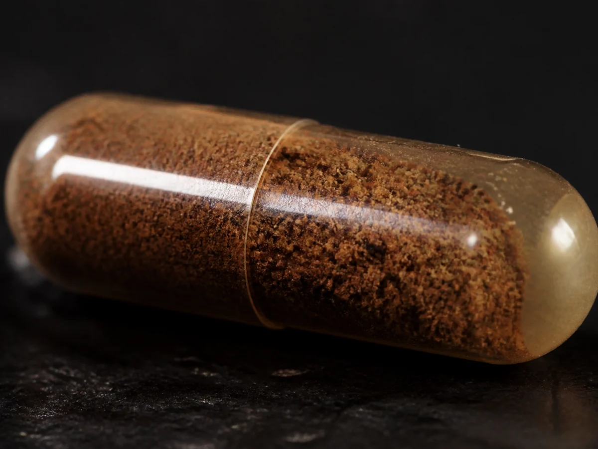 Extreme close-up of a single clear capsule packed with brown powder on a dark surface