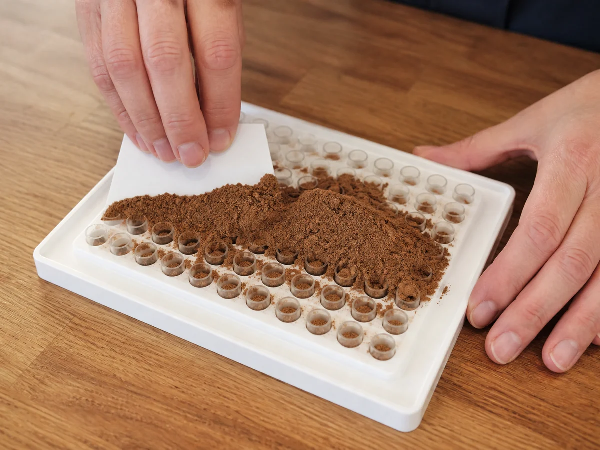 Hands spreading brown mushroom powder across empty capsule halves in a small filling tray