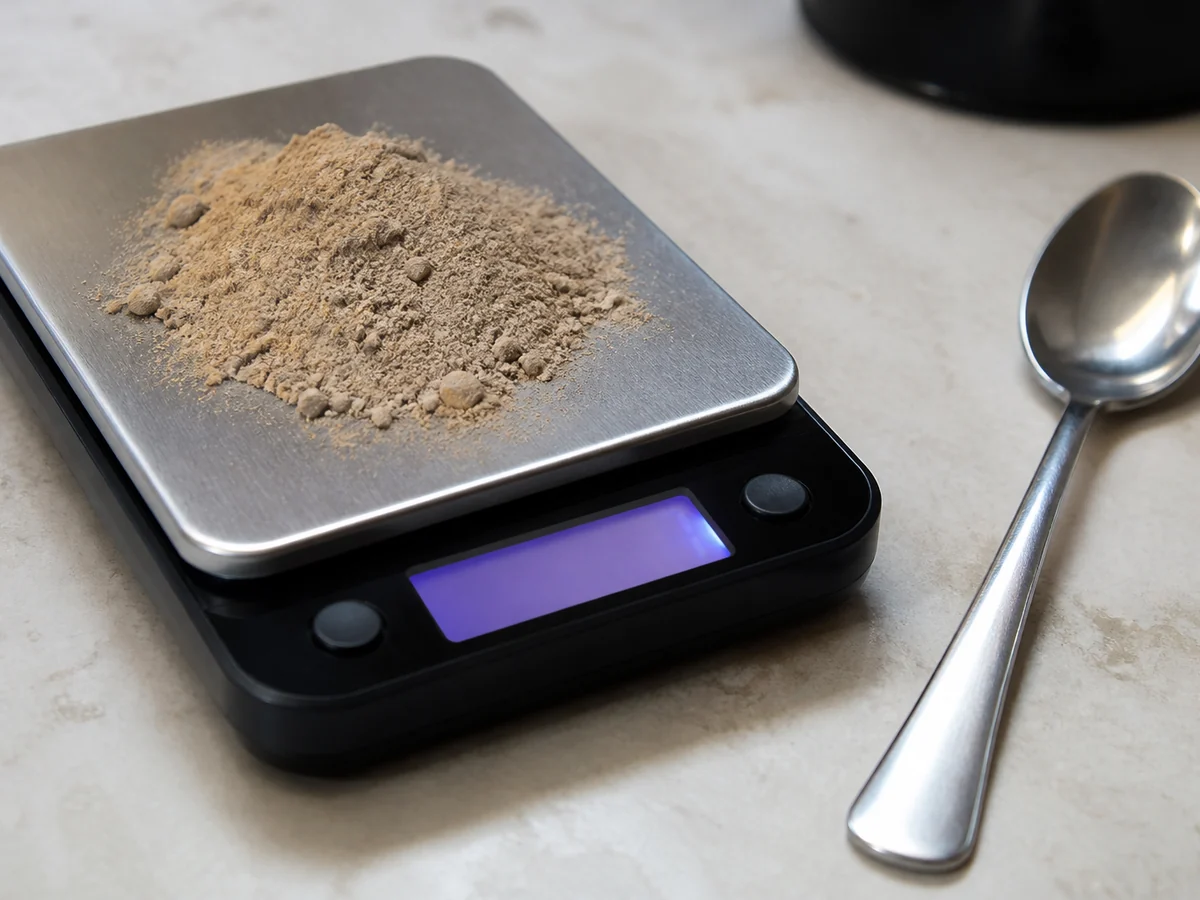 Digital kitchen scale holding a heap of light brown mushroom powder with its display lit