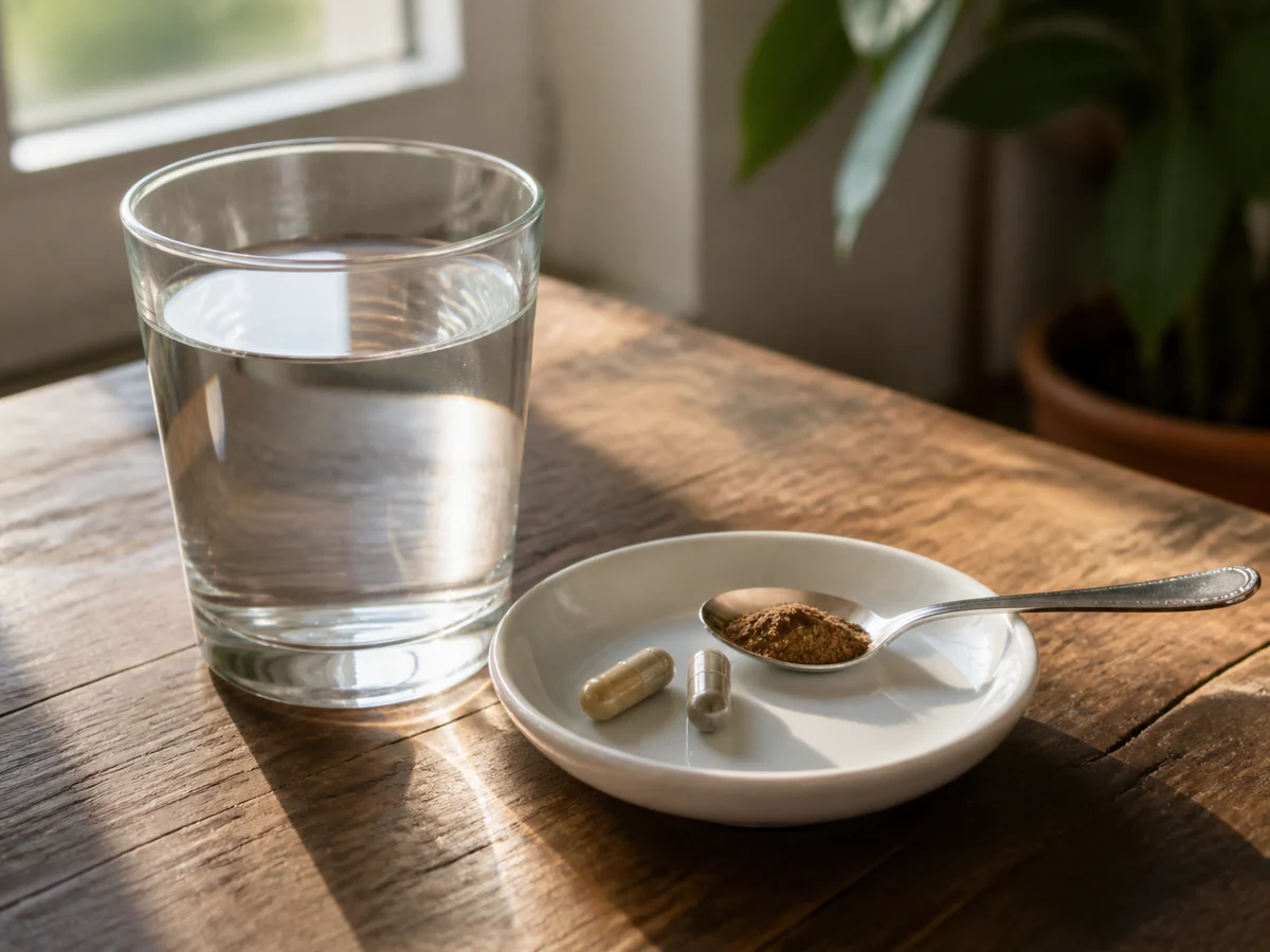 Glass of water beside a dish holding two capsules and a teaspoon of mushroom powder in morning light