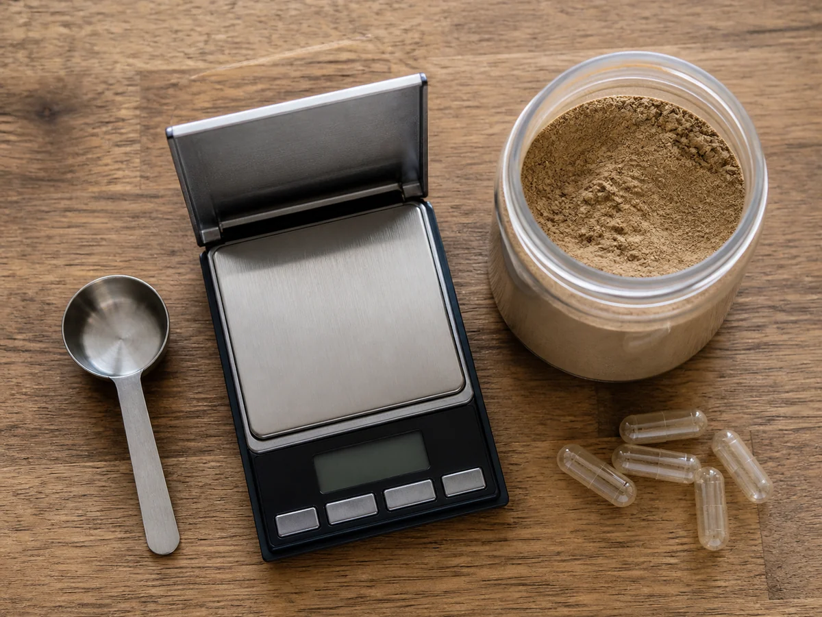 Measuring scoop, precision scale, open jar of powder and empty capsule shells on a wooden counter
