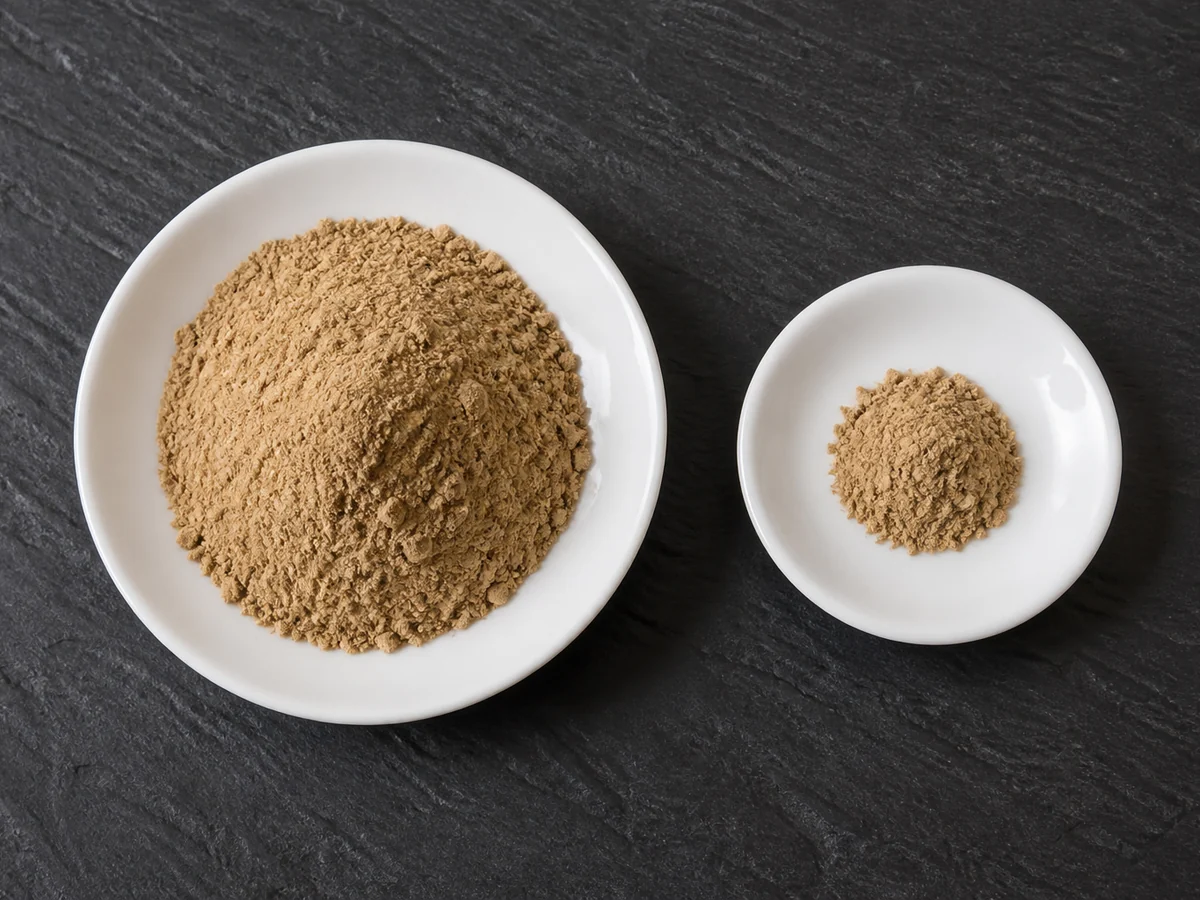 Two white dishes side by side holding heaps of mushroom powder, one many times larger than the other