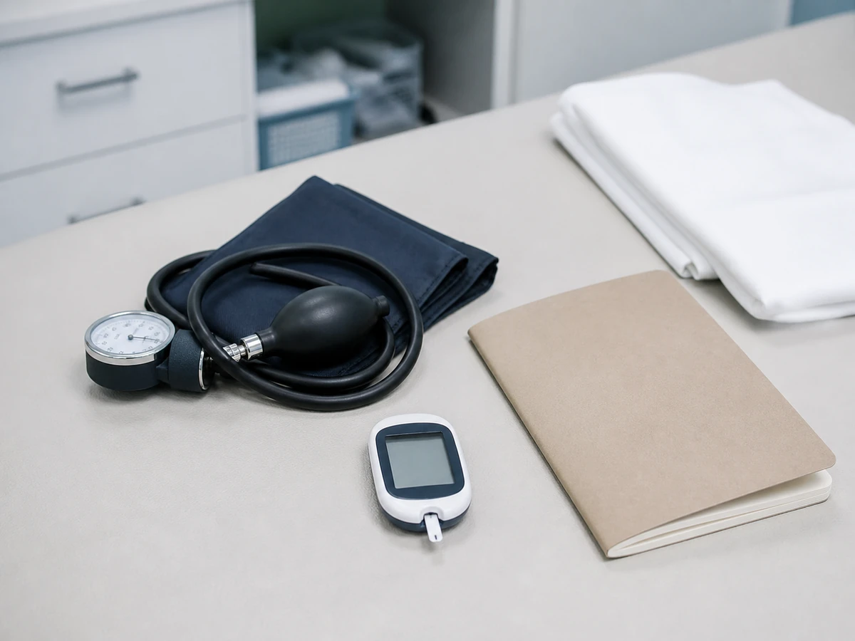 A blood pressure cuff, a glucose meter with a blank screen and a plain notebook arranged on a pale examination table beside a folded white cloth