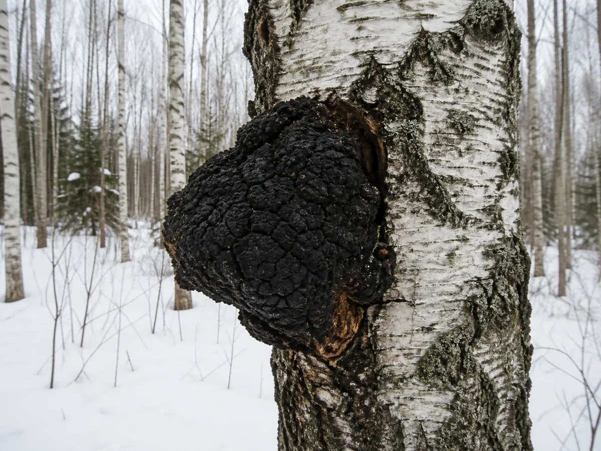 A large black cracked chaga conk growing from the trunk of a living white birch in a snowy northern forest, bare birch trunks receding behind