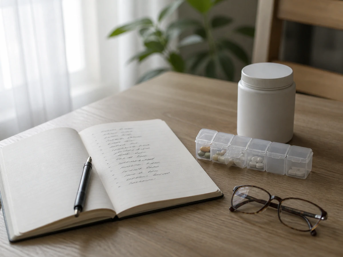 An open notebook on a table with a short handwritten list, beside a weekly pill organizer, a plain unlabeled supplement jar and a pair of reading glasses