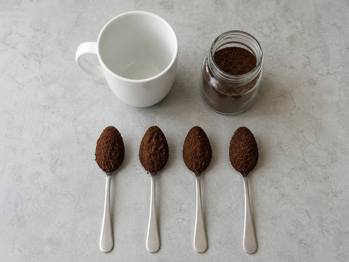 Four heaped teaspoons of dark brown powder lined up on a pale surface beside a plain mug and a small unlabeled jar