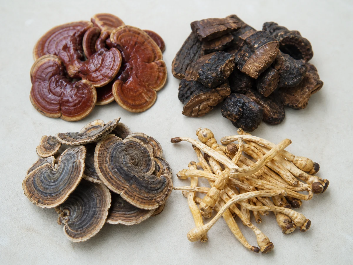 Four small separate piles of dried medicinal fungus on a pale surface, glossy reddish brown shelf fungus slices, dark crumbly chunks, thin banded bracket slices and slender pale dried pieces