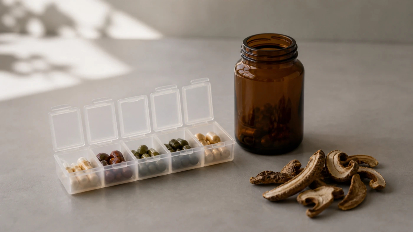 A weekly pill organizer with its lids open beside a plain unlabeled amber supplement jar and a small pile of dried mushroom slices on a warm gray surface