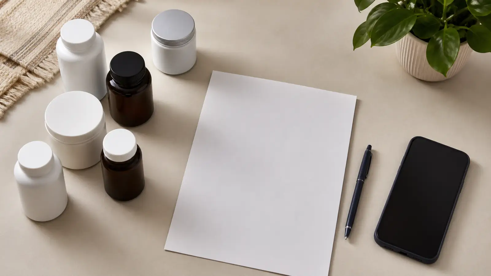 Closed medication and supplement containers beside a blank medication list and phone