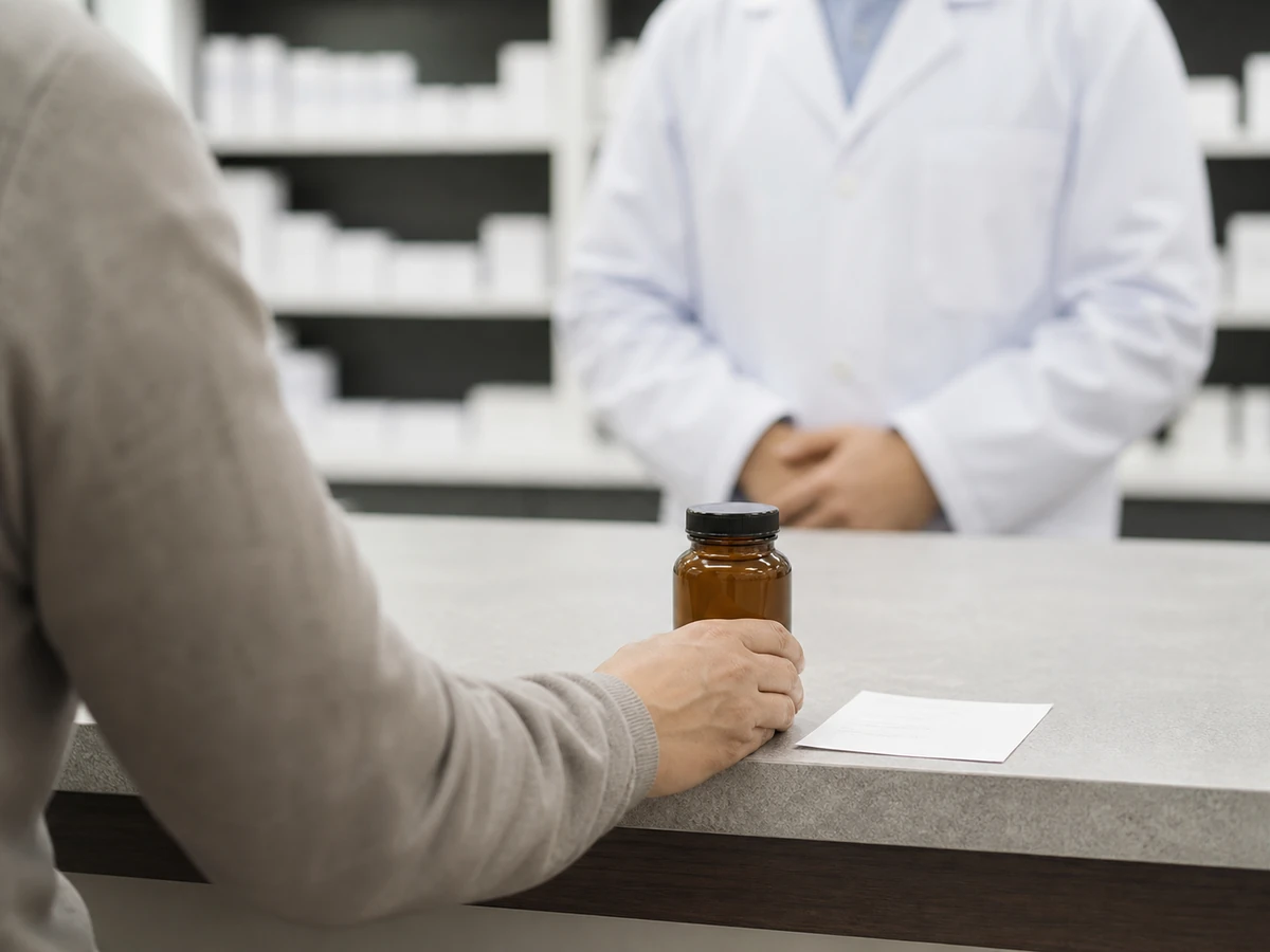 A customer placing a plain unlabeled amber supplement jar on a pharmacy counter beside a small paper list, a pharmacist out of focus behind the counter