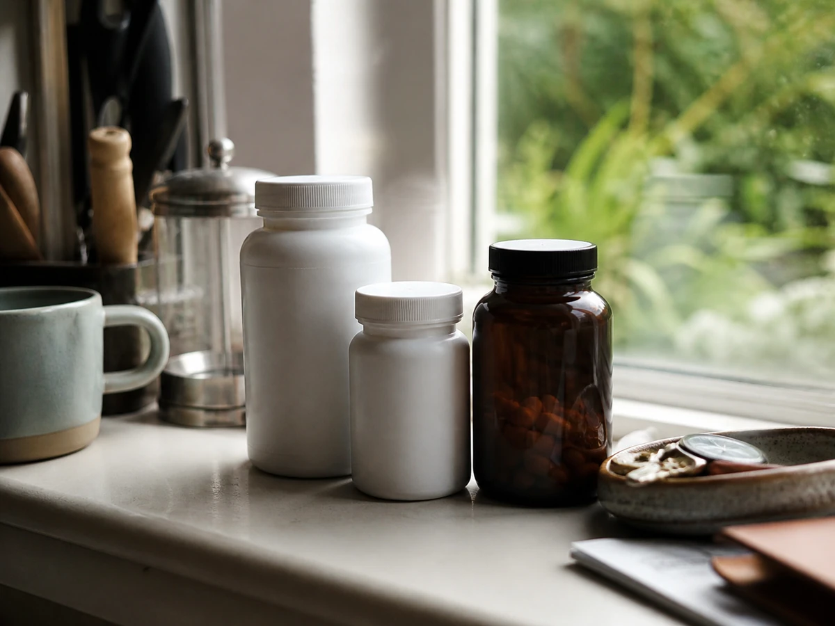 Two plain pharmacy bottles and an amber supplement jar standing together among everyday objects on a kitchen windowsill in morning light