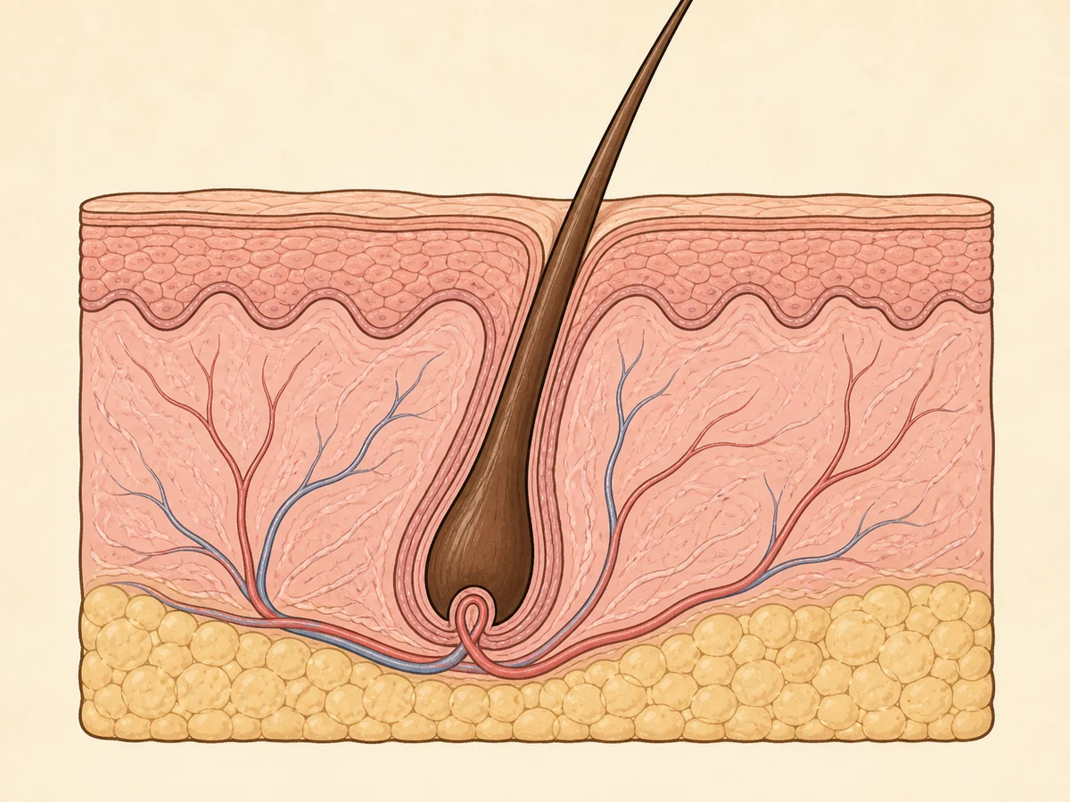 Cutaway diagram of scalp skin showing a hair follicle running down to its bulb and dermal papilla with a capillary loop