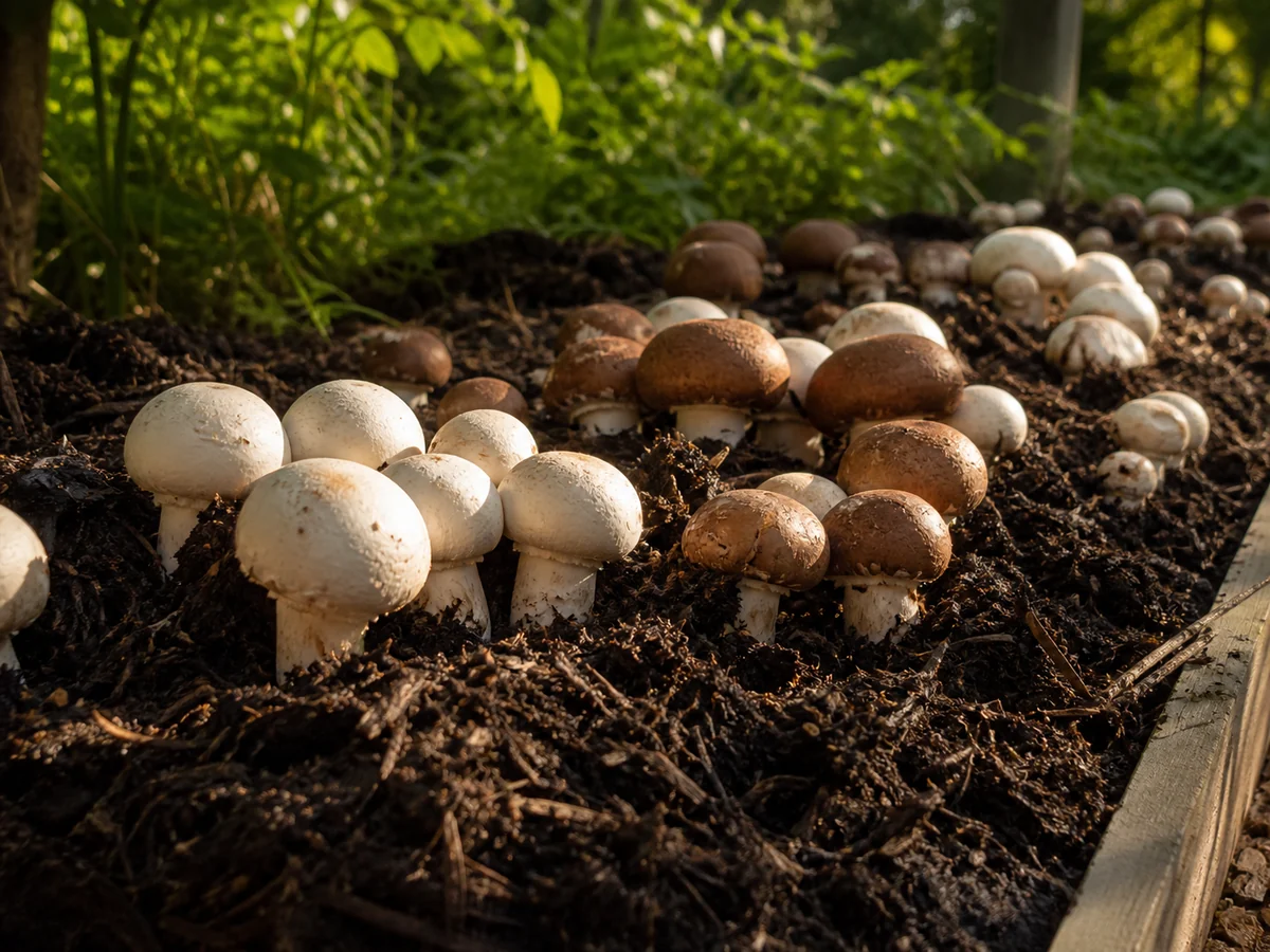 Cultivated mushrooms fruiting in an outdoor growing bed with sunlight falling across the caps