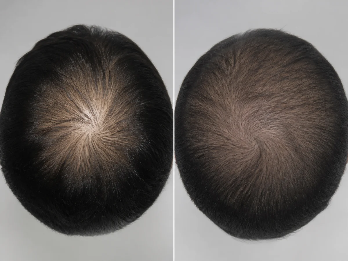 Two scalp crown views side by side, one with patterned thinning at the crown and one with even diffuse thinning