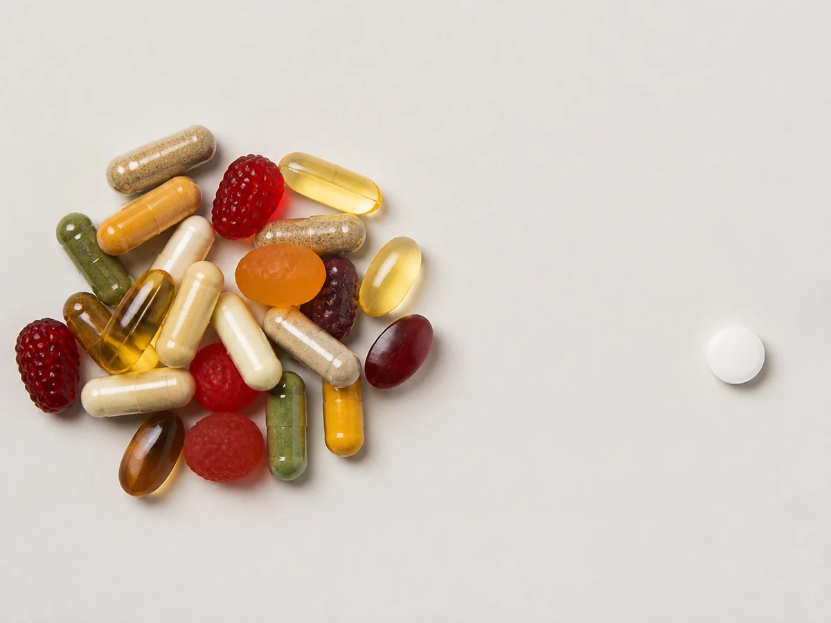Heap of assorted capsules, softgels and gummies beside a single small white tablet