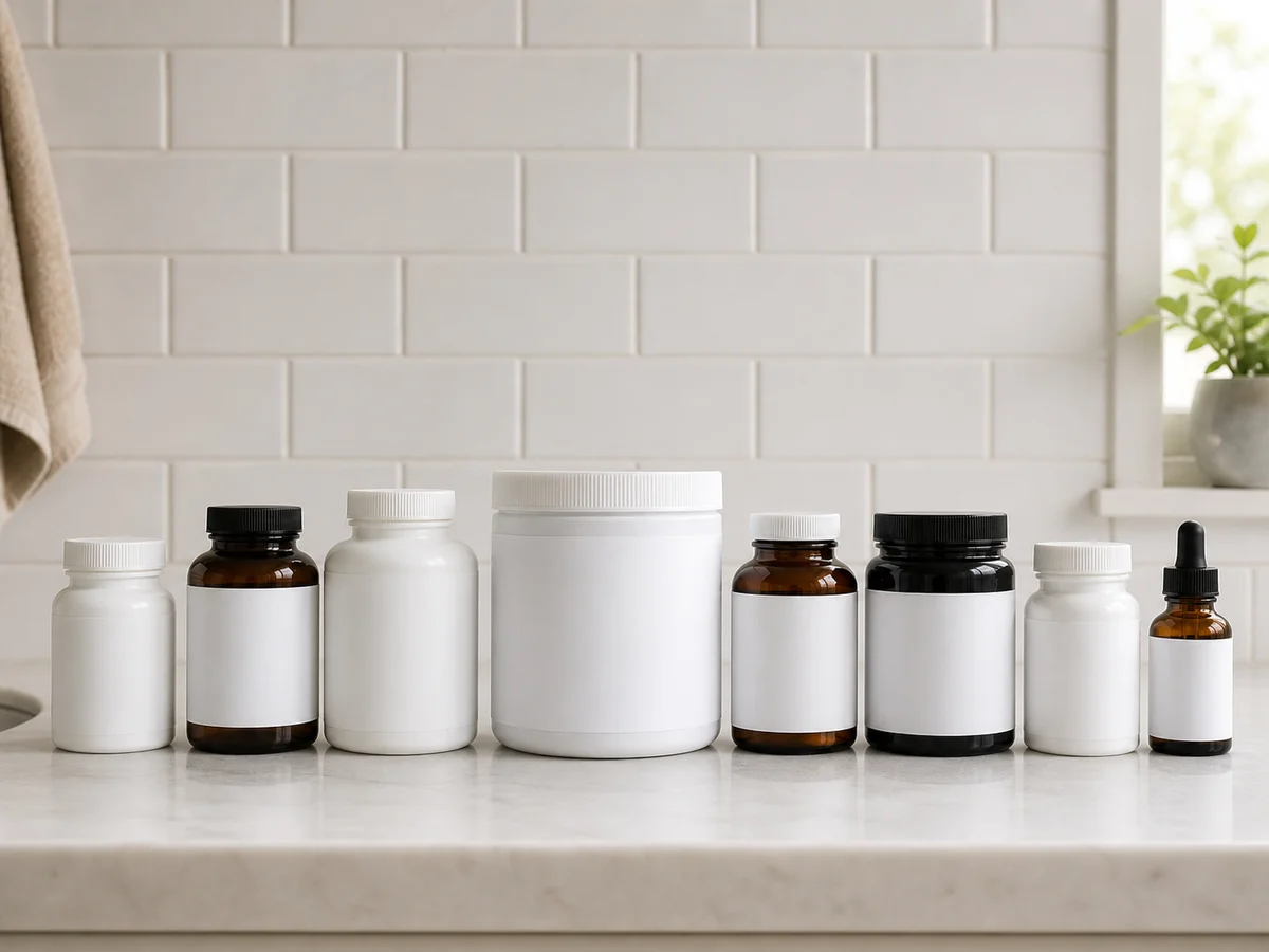 Eight unbranded supplement bottles and tubs of different sizes lined up on a bathroom counter