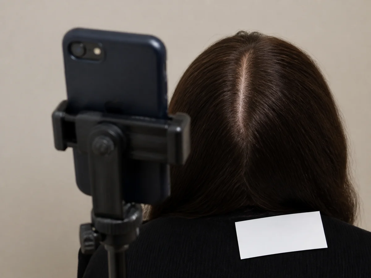 Phone on a small stand photographing a scalp part line beside a dated index card
