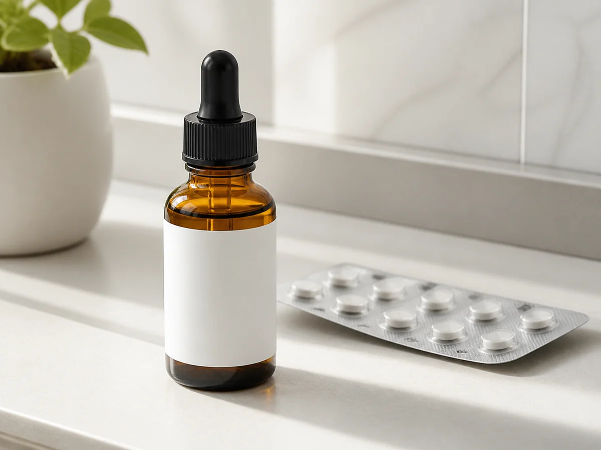 Unbranded amber dropper bottle and a plain foil blister pack of white tablets on a bathroom shelf