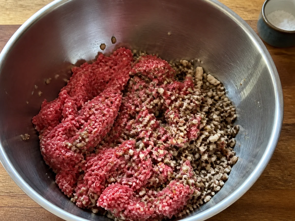 Mixing bowl of ground beef half folded through with finely chopped mushrooms, with a salt cellar at the edge of the counter