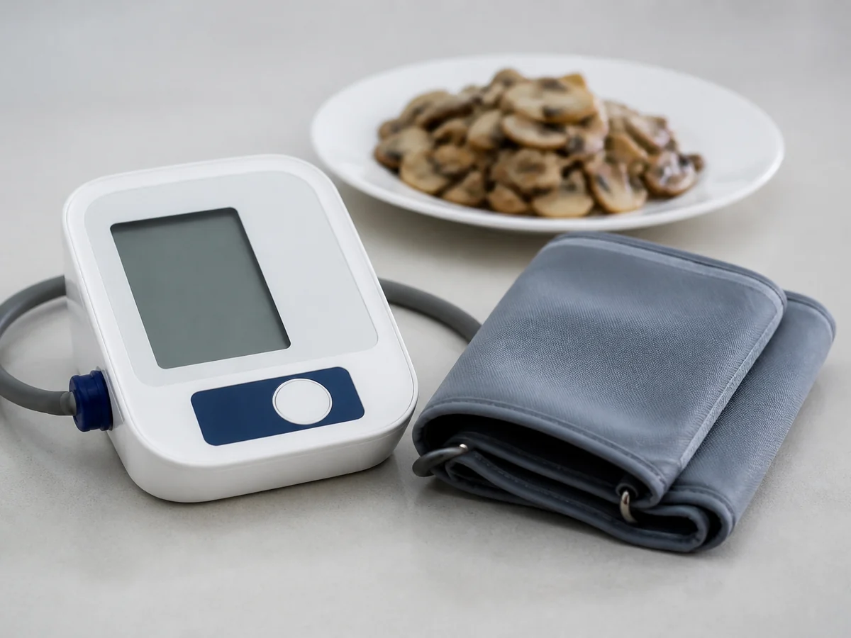 Upper-arm blood pressure cuff and monitor on a table beside a plate of cooked sliced mushrooms