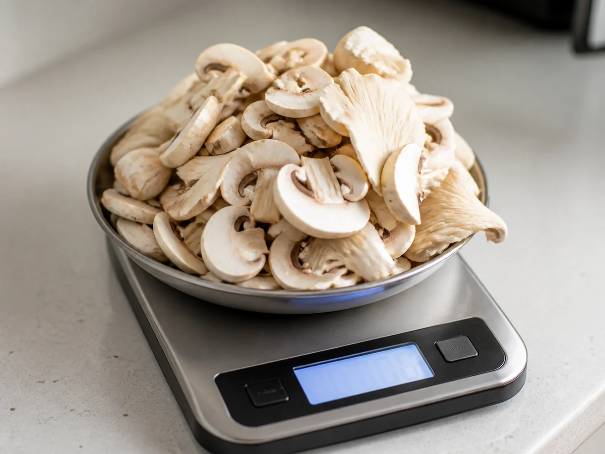 Digital kitchen scale holding a mounded portion of sliced white and oyster mushrooms with the display lit