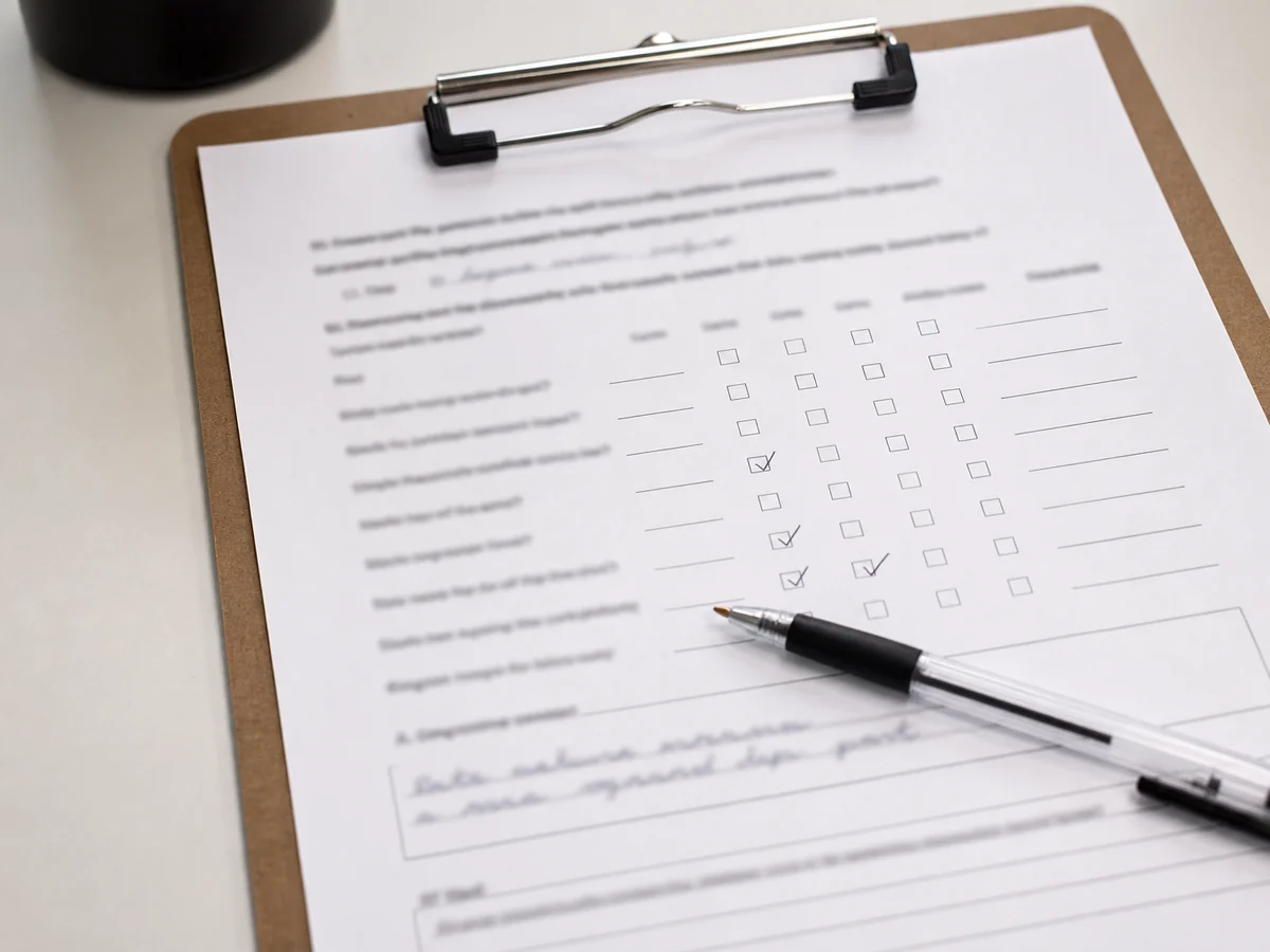 Printed dietary frequency questionnaire on a clipboard with partly ticked boxes and a pen resting across it