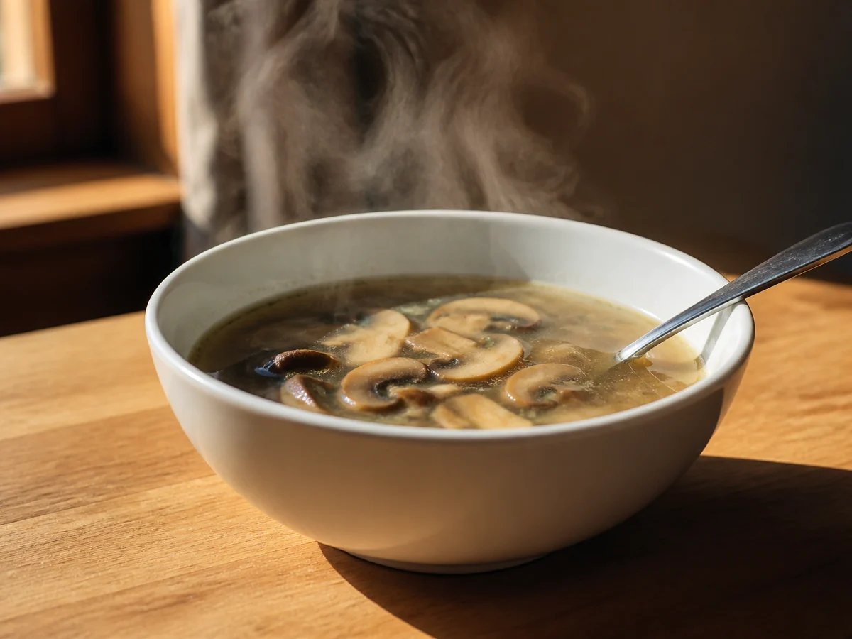Bowl of clear mushroom soup with steam rising and a spoon resting on the rim, on a plain table