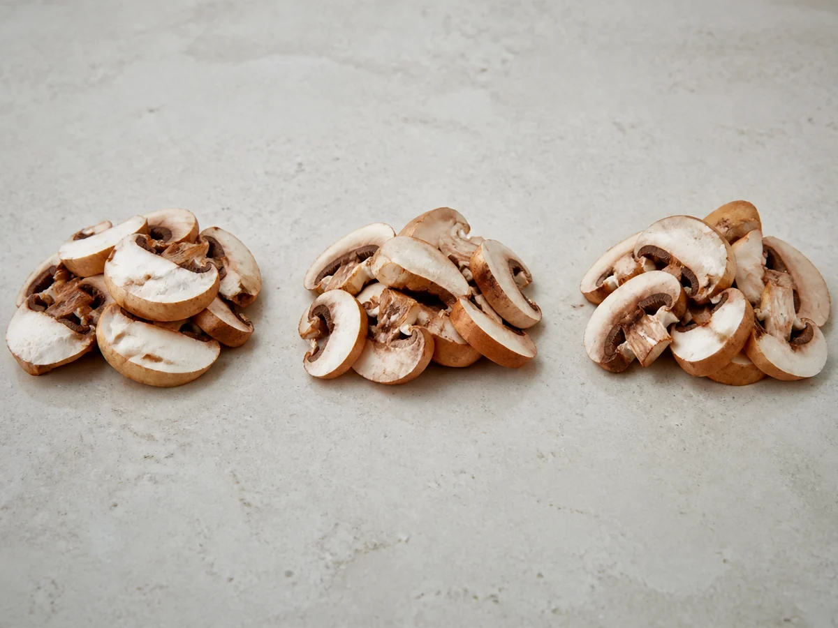 Three equal handful-sized portions of sliced mushrooms arranged in a row on a pale kitchen counter