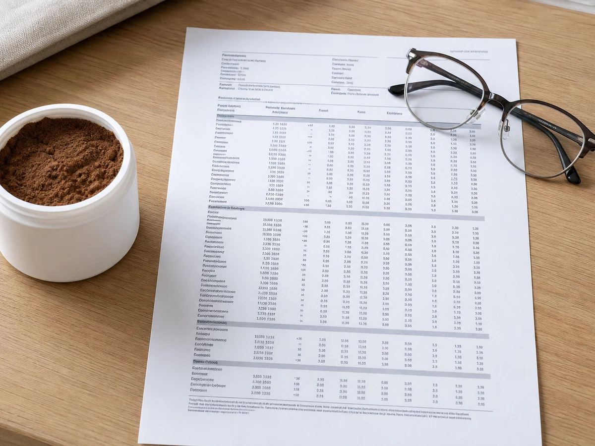 Printed laboratory analysis report on a desk beside a plain jar of mushroom powder