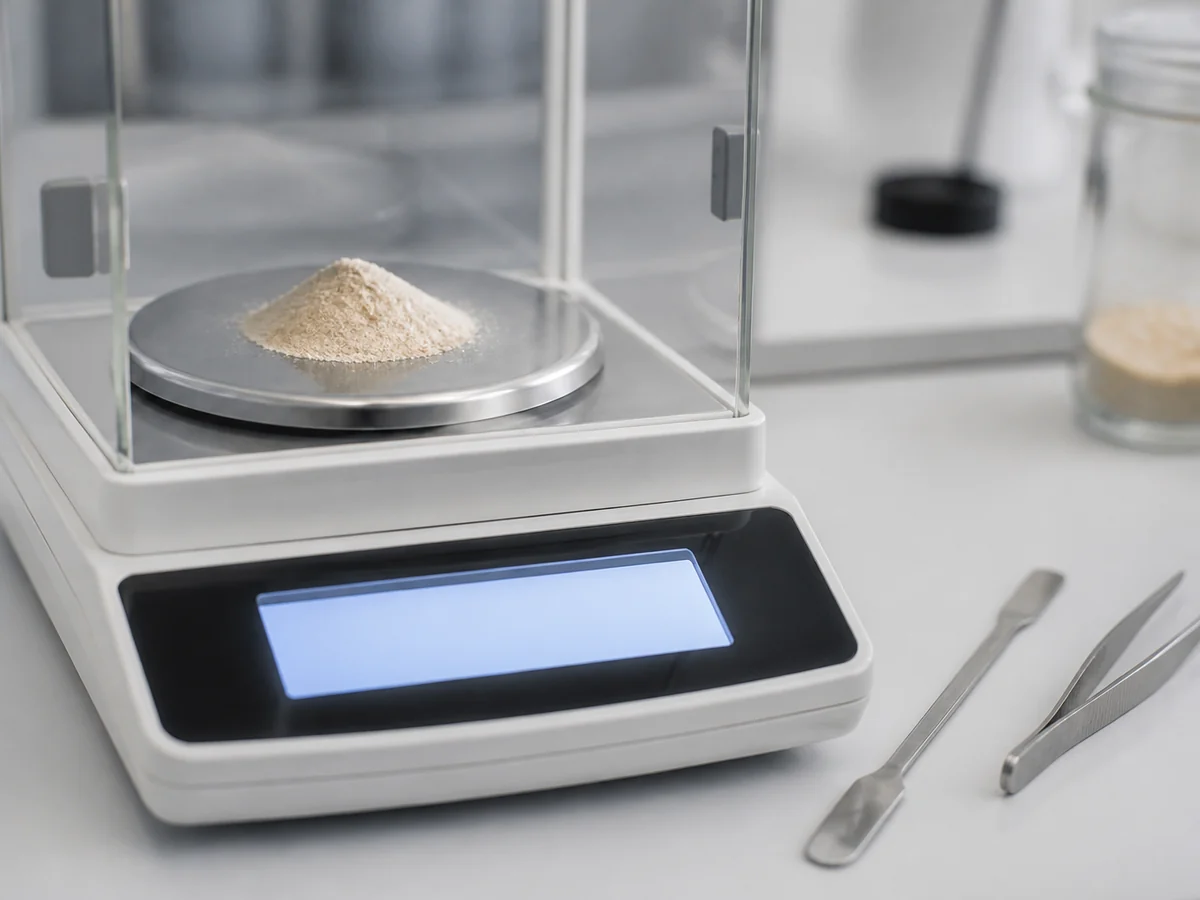 Small heap of mushroom powder on the pan of a precision laboratory balance with a spatula beside it