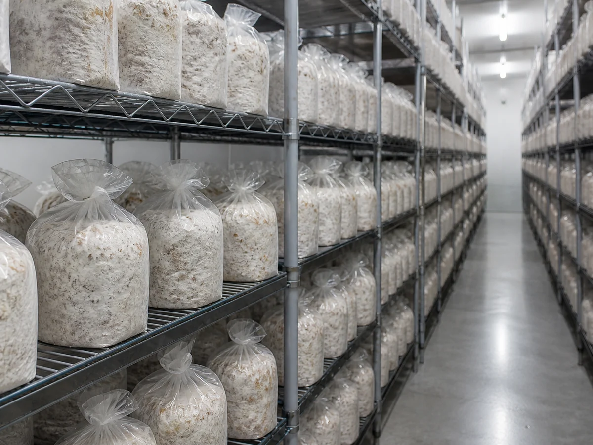 Shelves of colonized substrate bags in rows inside a clean indoor mushroom growing room