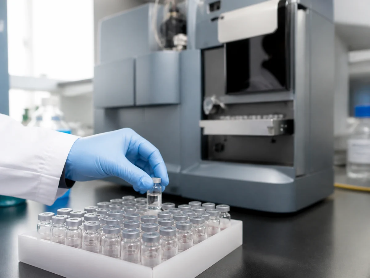 Gloved hand loading a sample vial into a rack in front of an analytical laboratory instrument