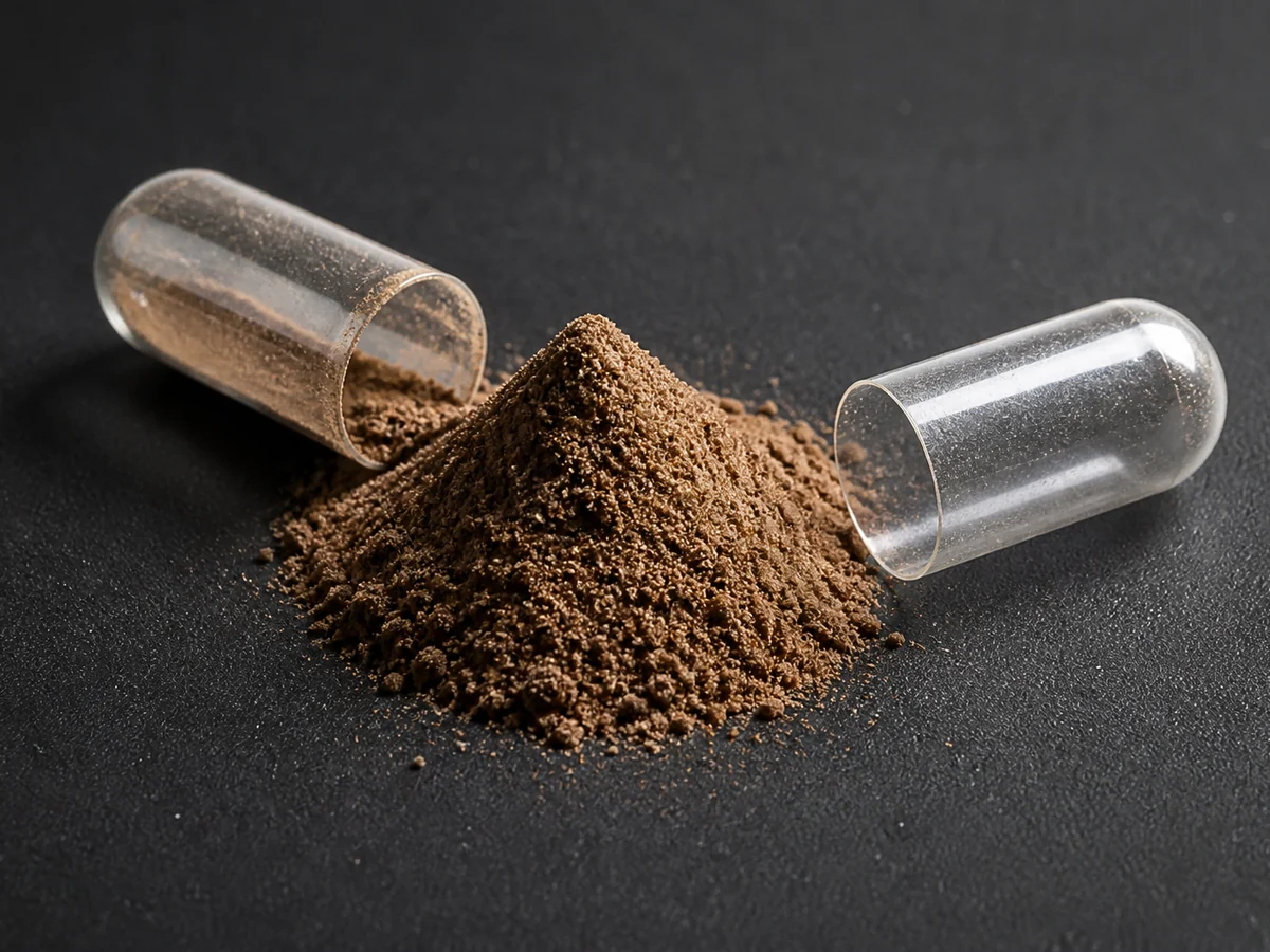 Opened supplement capsule with its brown powder contents spilled beside the empty capsule halves