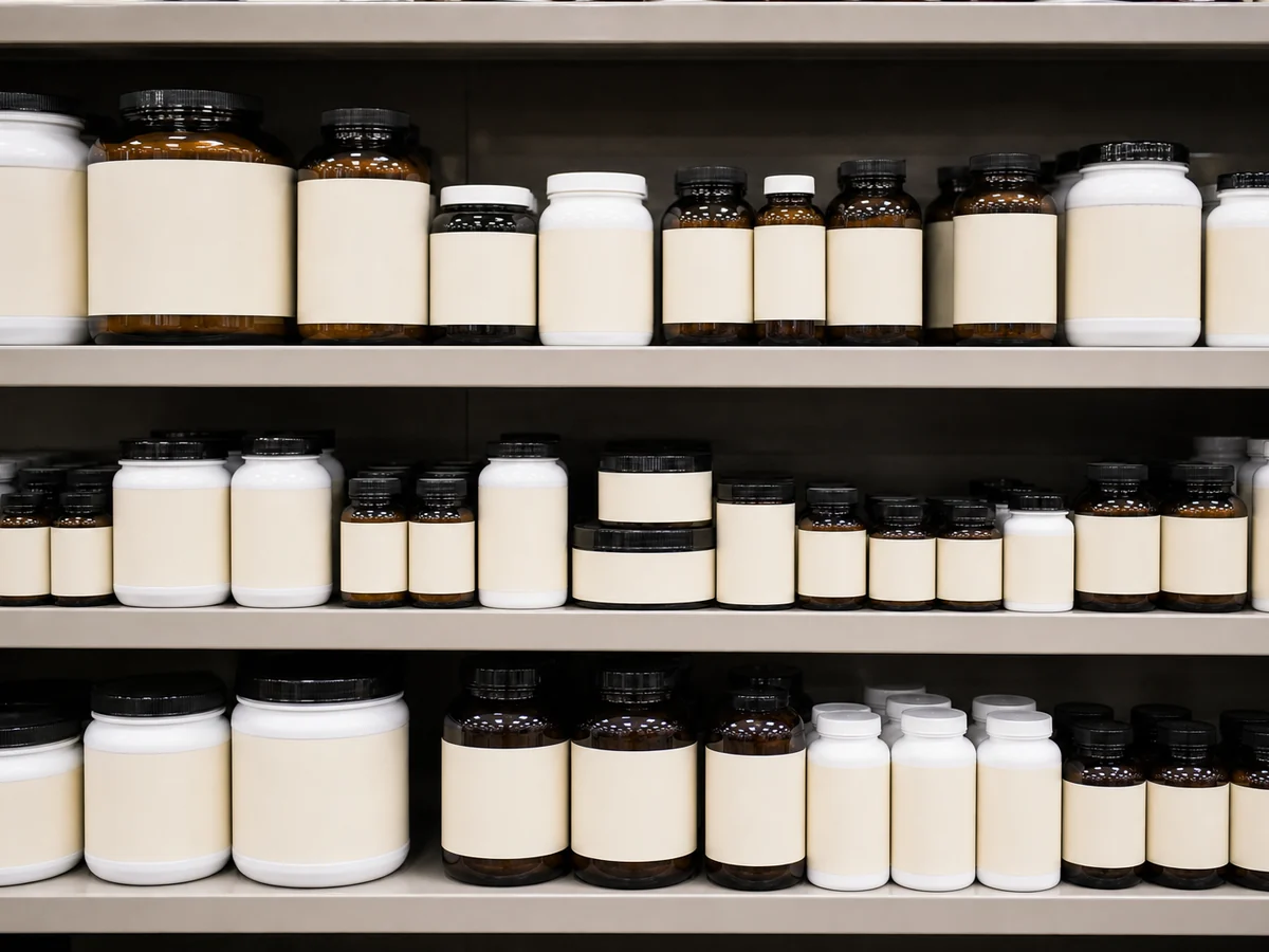 Retail shelf lined with plain unbranded supplement jars in several sizes