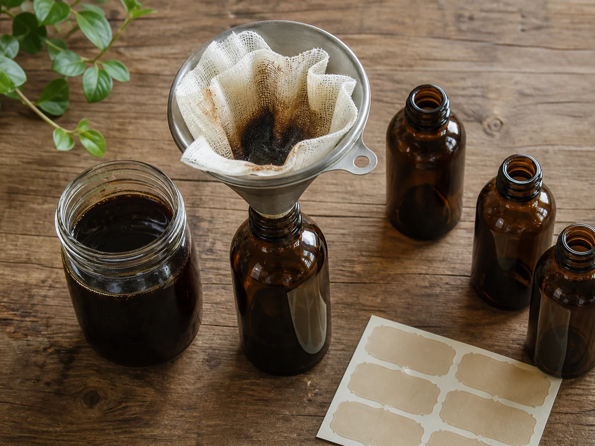 Cheesecloth-lined funnel in an amber bottle beside a jar of dark tincture, empty bottles and blank labels
