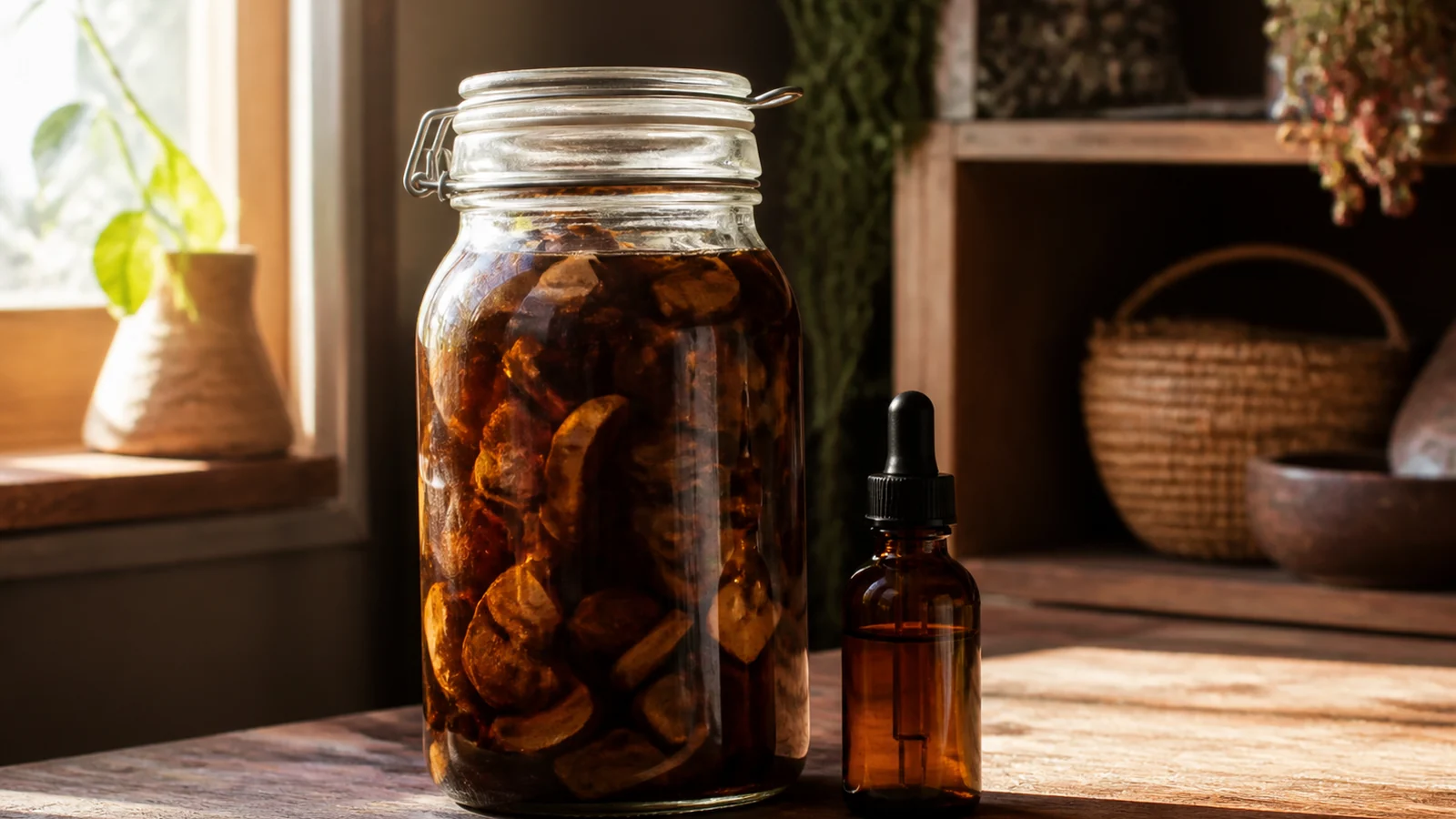 Sealed glass jar of dark amber mushroom tincture with woody slices inside, beside a small amber dropper bottle
