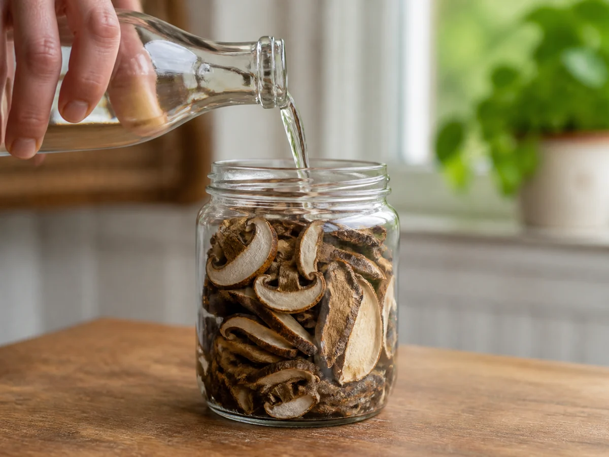 Clear spirit being poured from a plain bottle into a jar packed with woody mushroom slices
