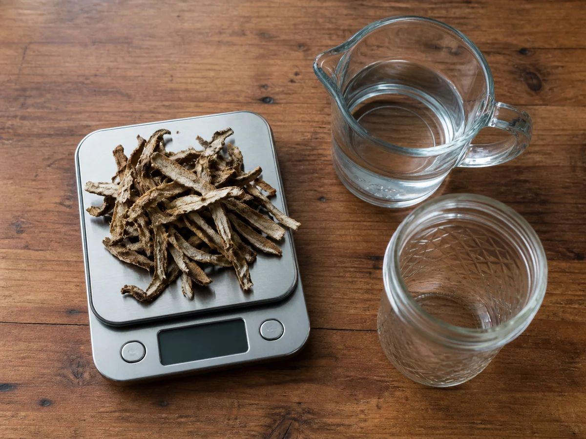 Kitchen scale holding dried woody mushroom slices beside a measuring jug of clear spirit and an empty jar