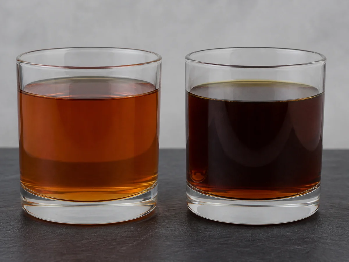 Two glasses side by side, one of pale watery extract and one of much darker alcohol extract