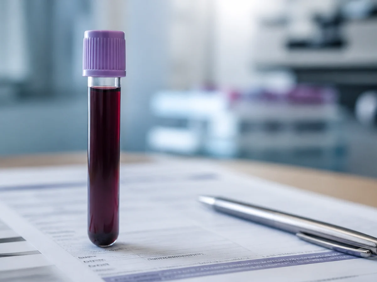 Single capped blood sample tube standing upright on a clinical request form with a pen beside it