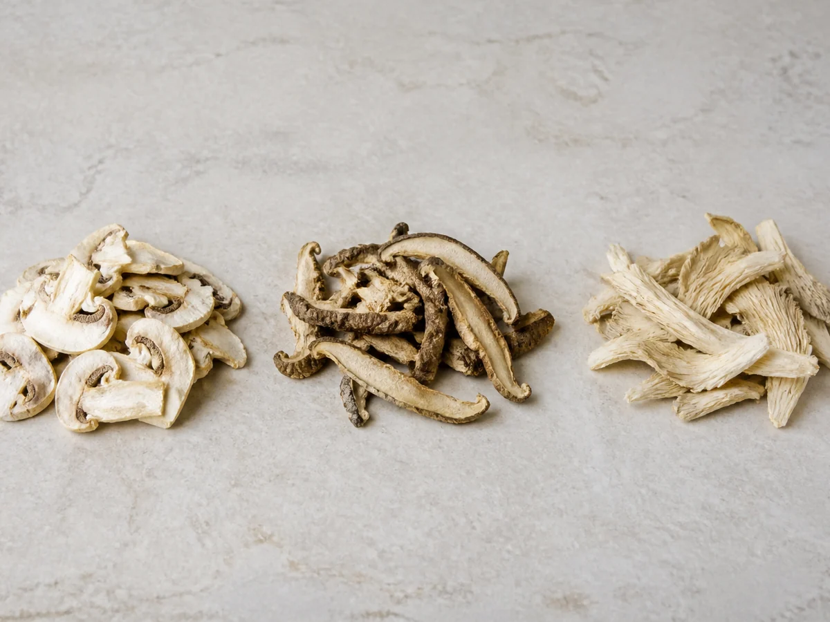 Three small piles of dried mushroom slices on a pale surface, white button, shiitake and oyster, differing in color and texture