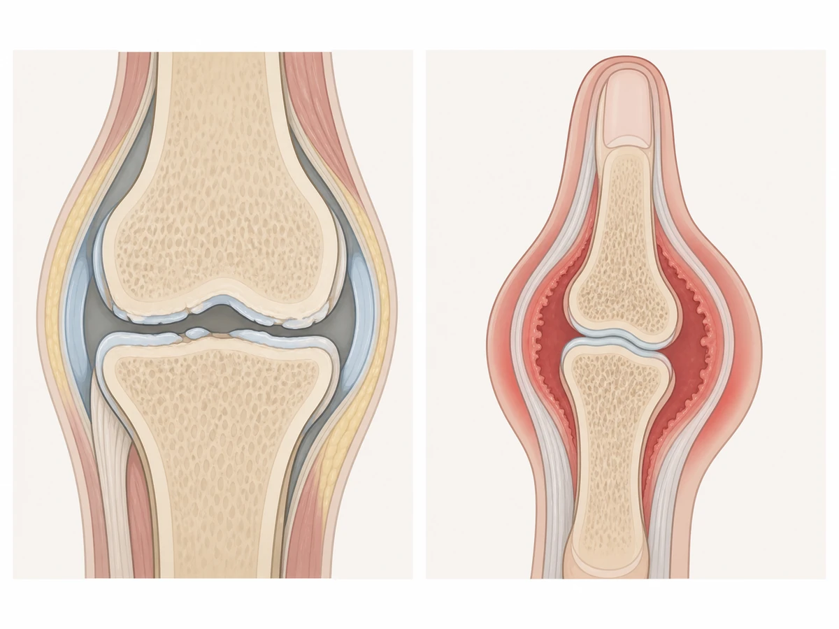 Two-panel medical illustration showing a knee joint with thinned cartilage beside a hand joint with an inflamed swollen lining