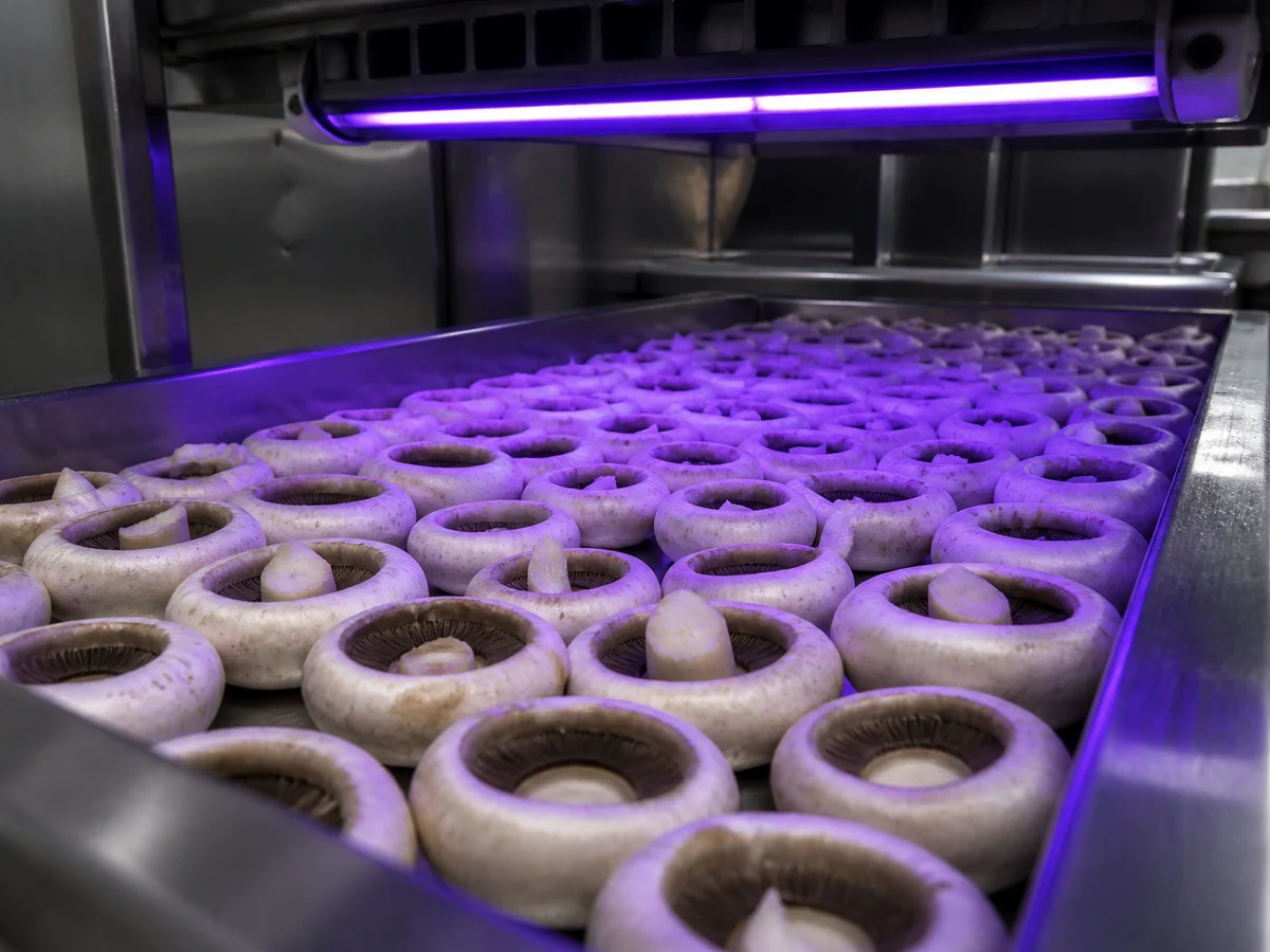Fresh white mushrooms laid gill-side up on a metal tray under an ultraviolet lamp, violet light falling across them