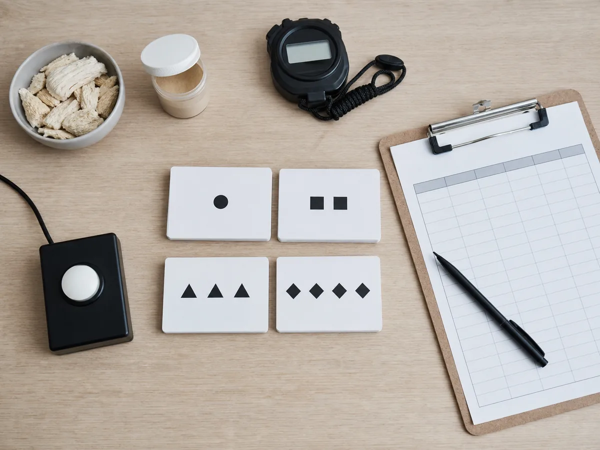 Pattern cards, a stopwatch, a score sheet, and lion's mane trial material arranged on a research desk