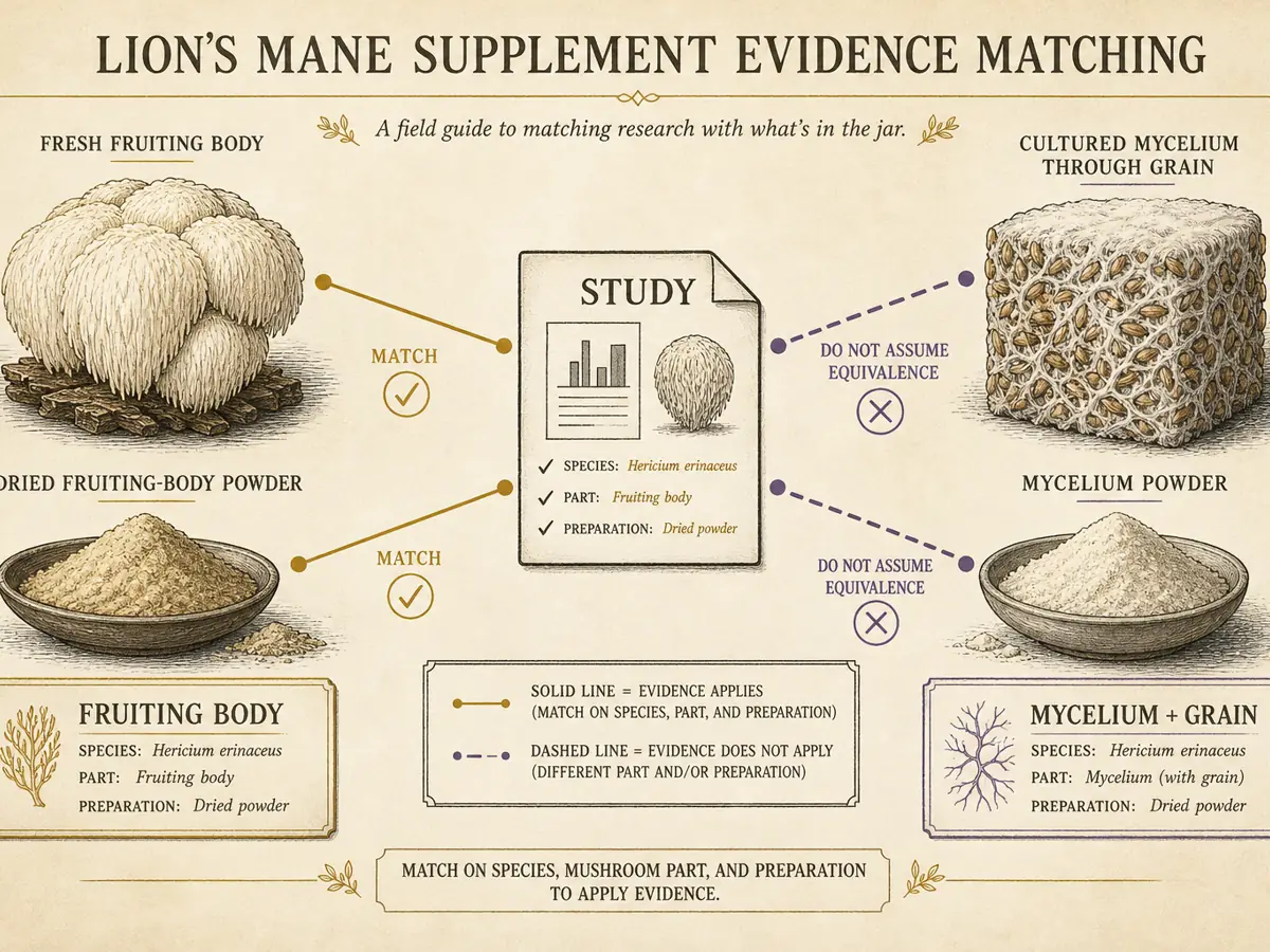 Fruiting body material and grain-grown mycelium compared with a study preparation