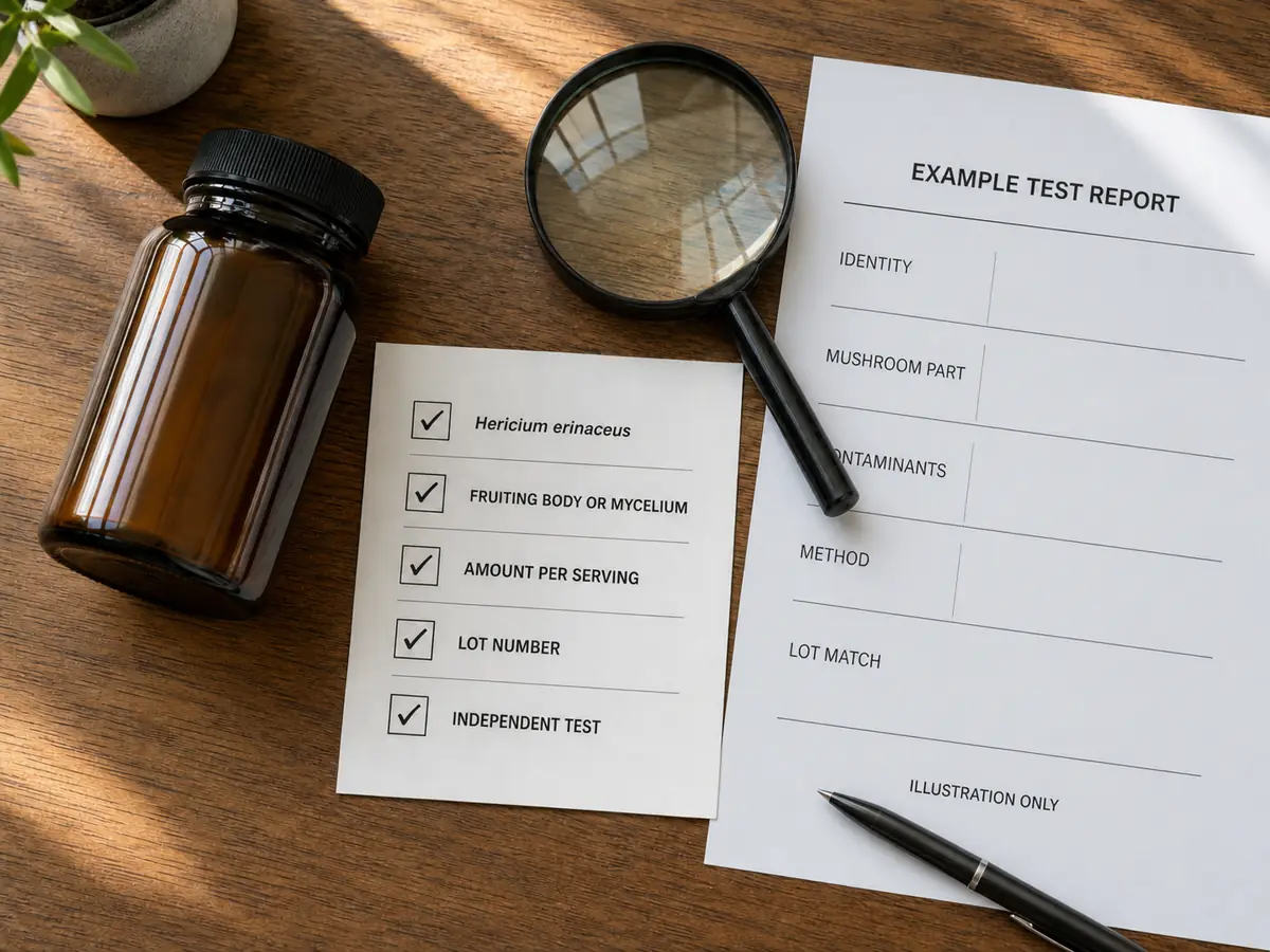 Unbranded supplement bottle beside an identity checklist and blank example test report